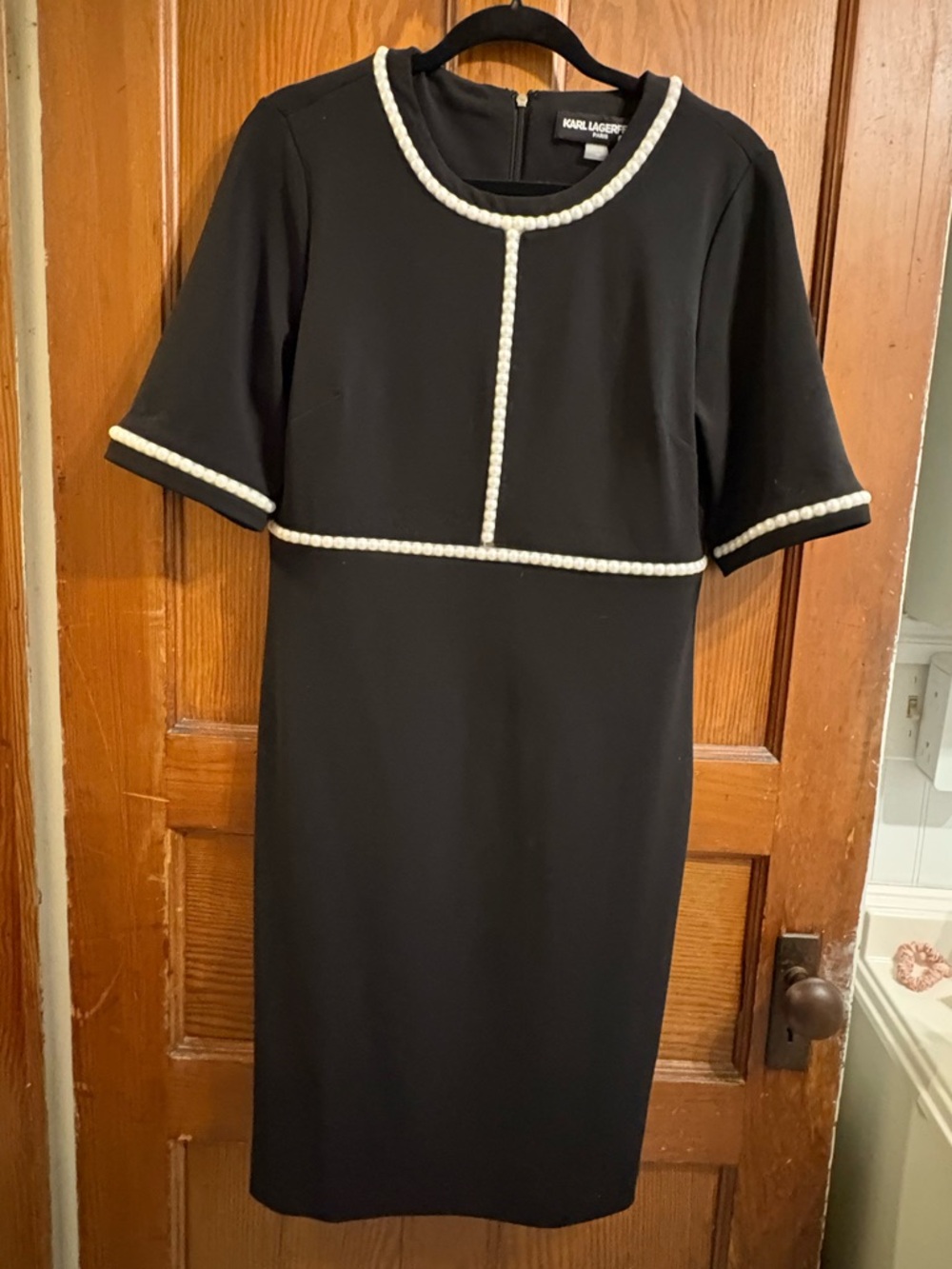 Karl Lagerfeld Black Midi Dress with Pearl Trim